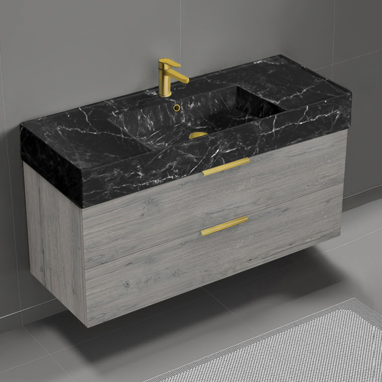 Nameeks DERIN952 Modern Bathroom Vanity With Black Marble Design Sink, Wall Mounted, 48 Inch, Grey Oak